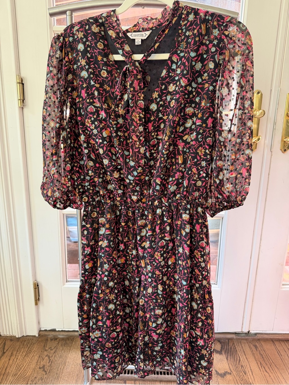 Nanette Lepore Black Floral Tie-Neck Midi Dress